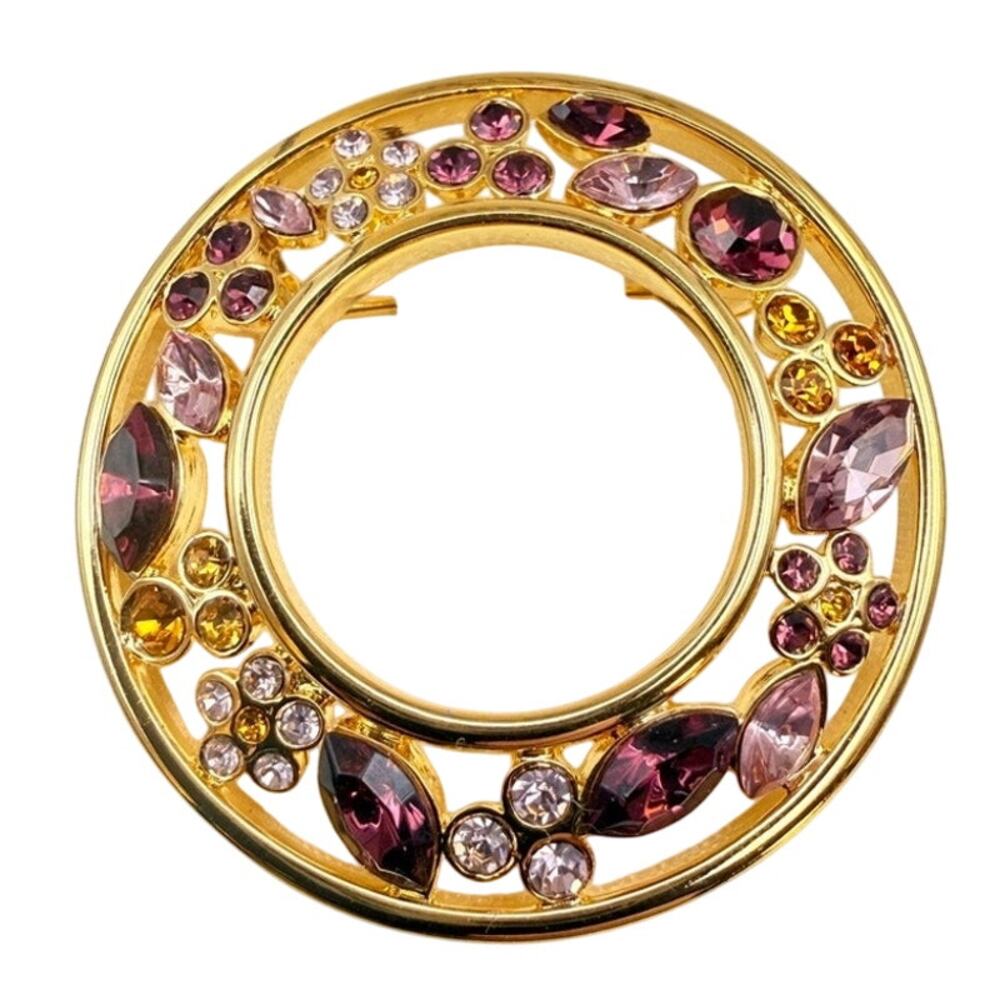 Vintage Gold Tone Round Wreath Brooch Purple Crystal Rhinestone Pin